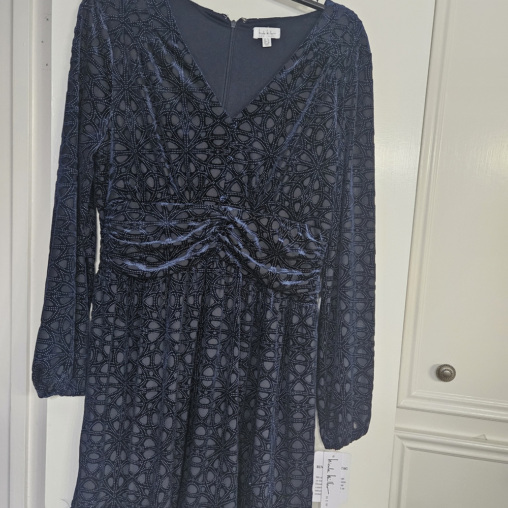 Nicole Miller Midnight Blue Patterned Long Sleeve Dress
